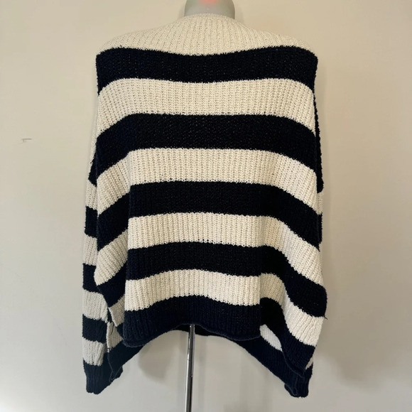 Zara Striped Chunky Knit Sweater Blue Cream V Neck Boxy Fit Nautical Preppy Sz L - Picture 3 of 16